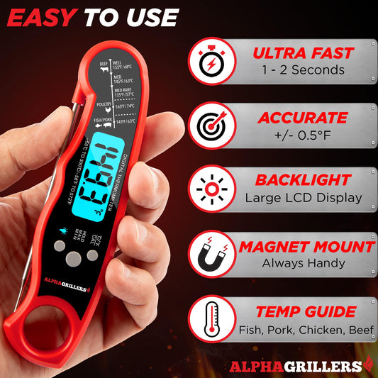 Alpha Grillers Instant Read Meat Thermometer for Cooking Grill and BBQ Griddle - Waterproof w/Backlight & Calibration for Food, Oven, Air Fryer Accessories, Kitchen Essentials, Stocking Stuffer Gifts