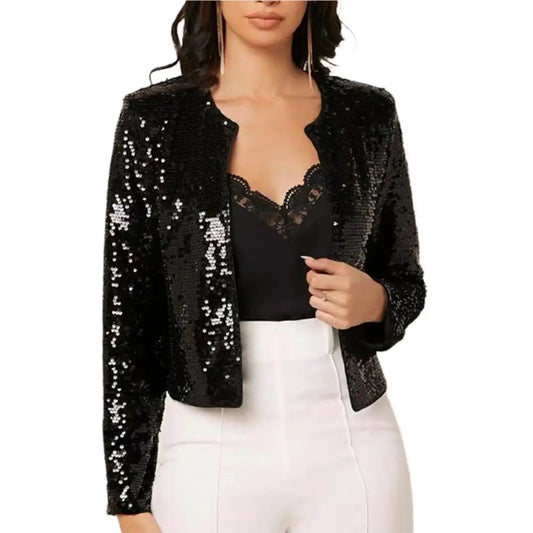 Attractive Women Jacket Long Sleeves Hand Wash Party Blazer Sequin Shrug Open Front Crop Jacket